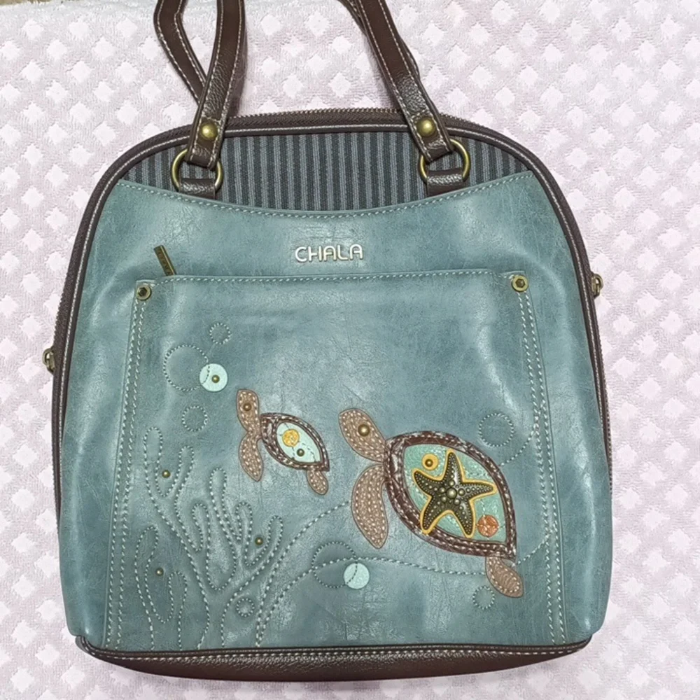 Chala Teal Sea Turtle Appliqué Backpack with Brown Trim